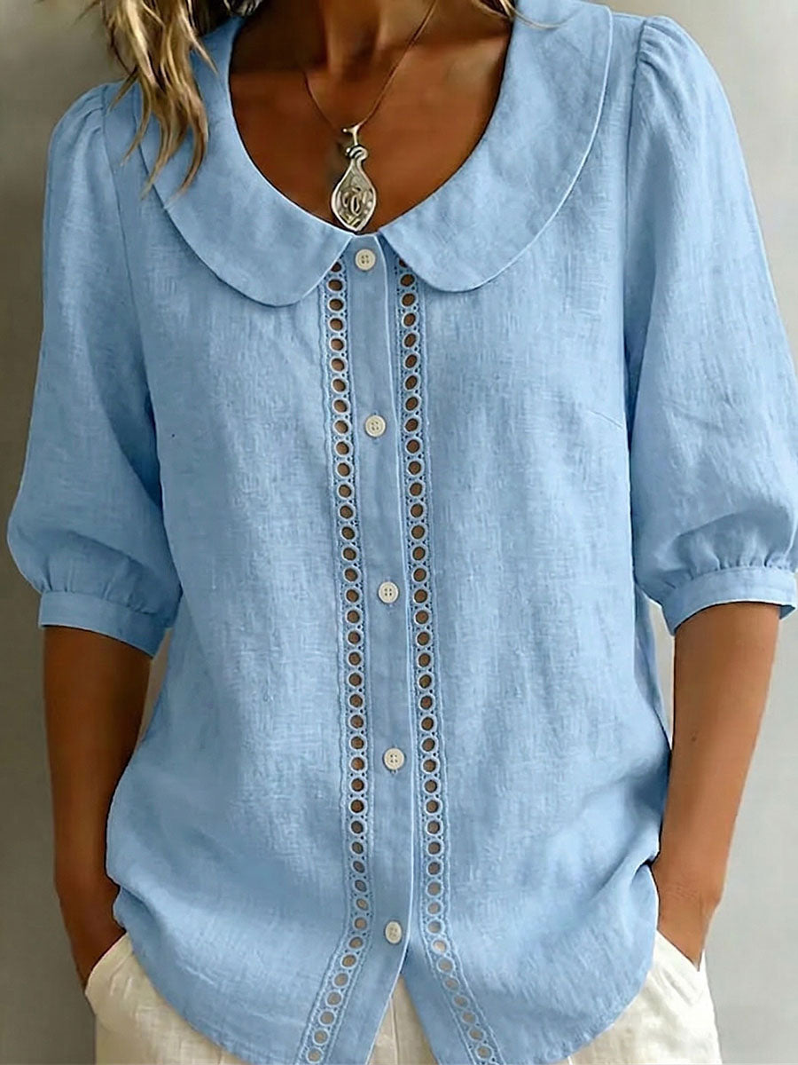 Solid-Color Peter Pan Collar 3/4-Sleeve Casual Loose Cotton-Linen Shirt