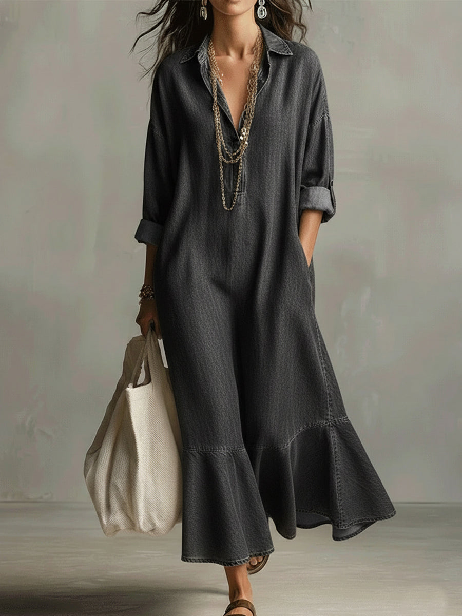 Romantic Ruffled Hem Denim Dress