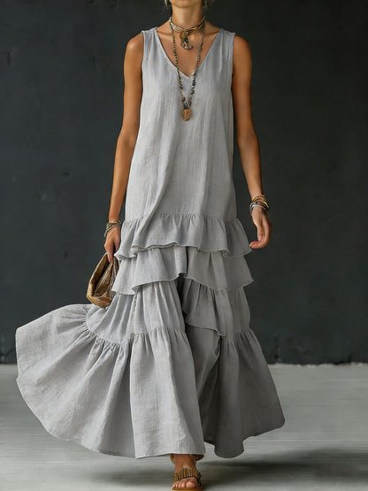 Cotton and Linen Loose-Fitting Solid Color Vest Dress