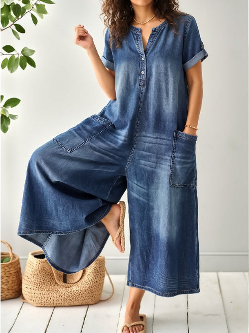 Casual Loose Short-Sleeved Denim Jumpsuit