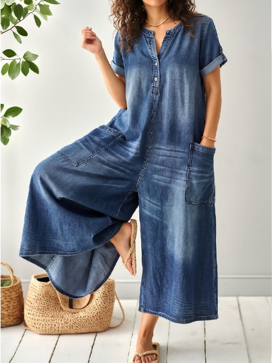 Casual Loose Short-Sleeved Denim Jumpsuit