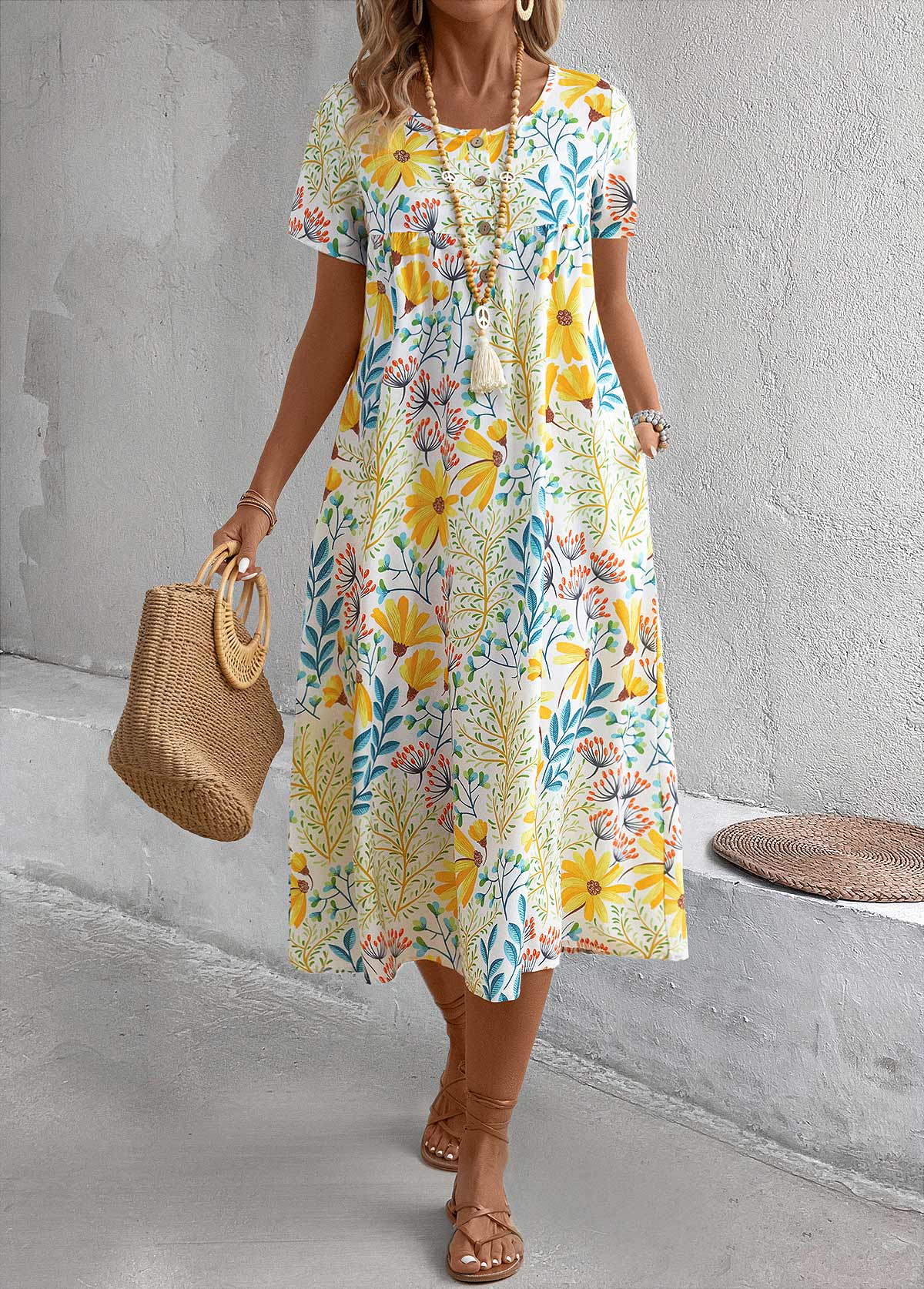 Yellow Pocket Floral Print a Line Short-Sleeve Dress