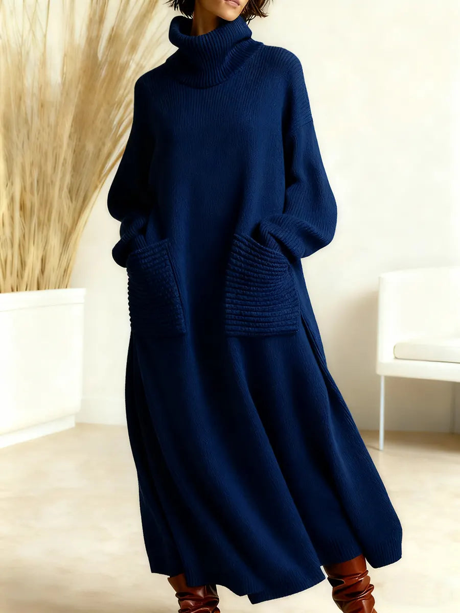 Solid Color High-Neck Long-Sleeve Casual Loose Knit Dress
