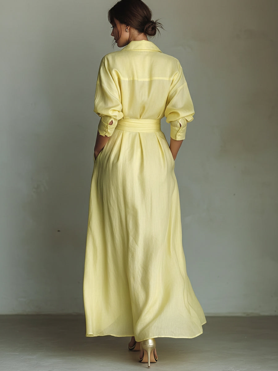 Waist-Cinching Shirt-Style Maxi Linen and Cotton Dress