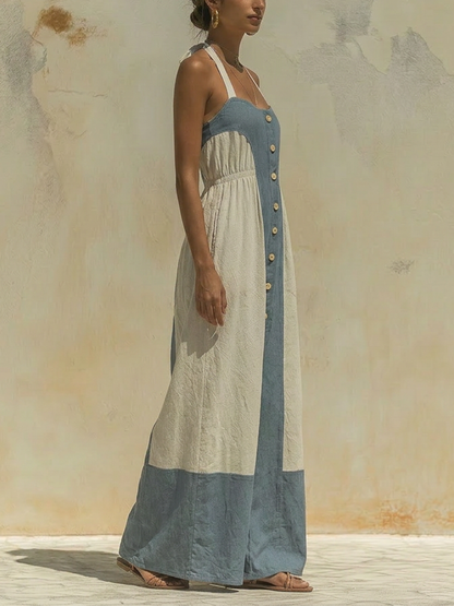 Halter Neck Colorblock Wide-Leg Jumpsuit
