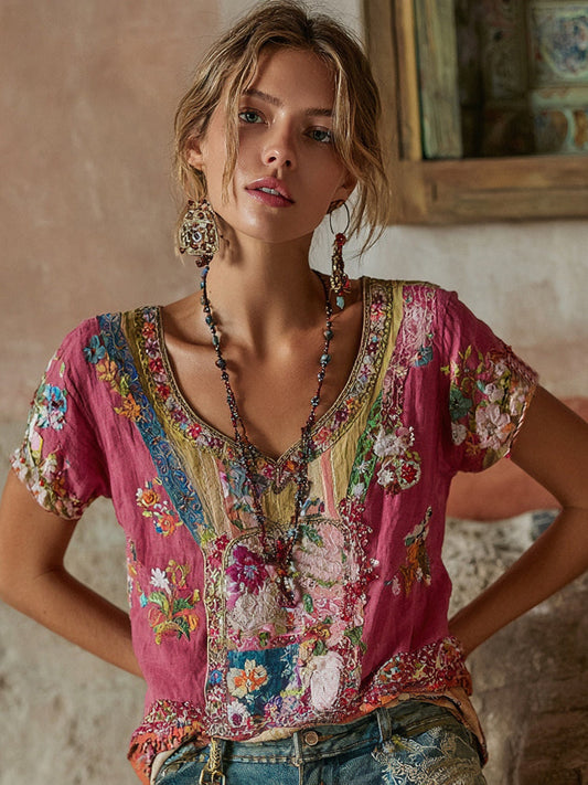 Bohemian Floral Embroidery Art V-Neck Short-Sleeve Linen Blend T-Shirt