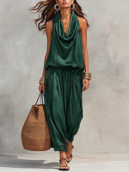 Cozy Elegant Draped Sleeveless Top and Pants Two-Piece Set