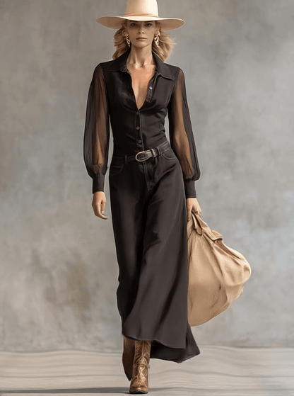 Vintage Western Front Button V-Neck Transparent Long-Sleeve Black Denim Maxi Dress