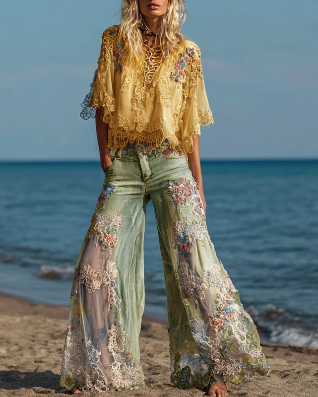 Summer Vacation Floral Embroidered Lace Pants and Top Two-Piece Set Ae54