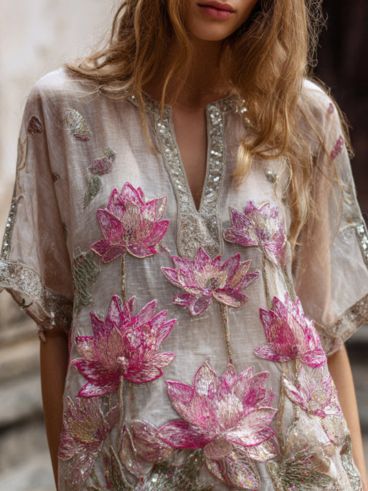 Bohemian Style Pink Three-Dimensional Embroidery Gradient Multi-Layer Lotus Flower Sequin Embellishment Light and Thin Vintage Short-Sleeve V-Neck Top