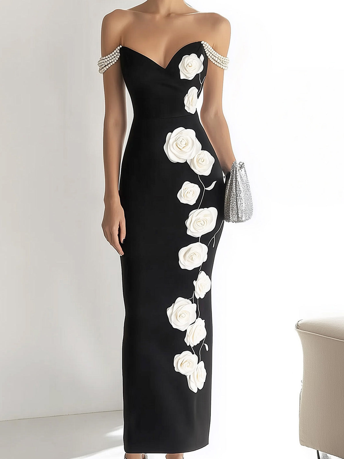 Chic Black Satin One Side Rose Print Pearl Straps Dress