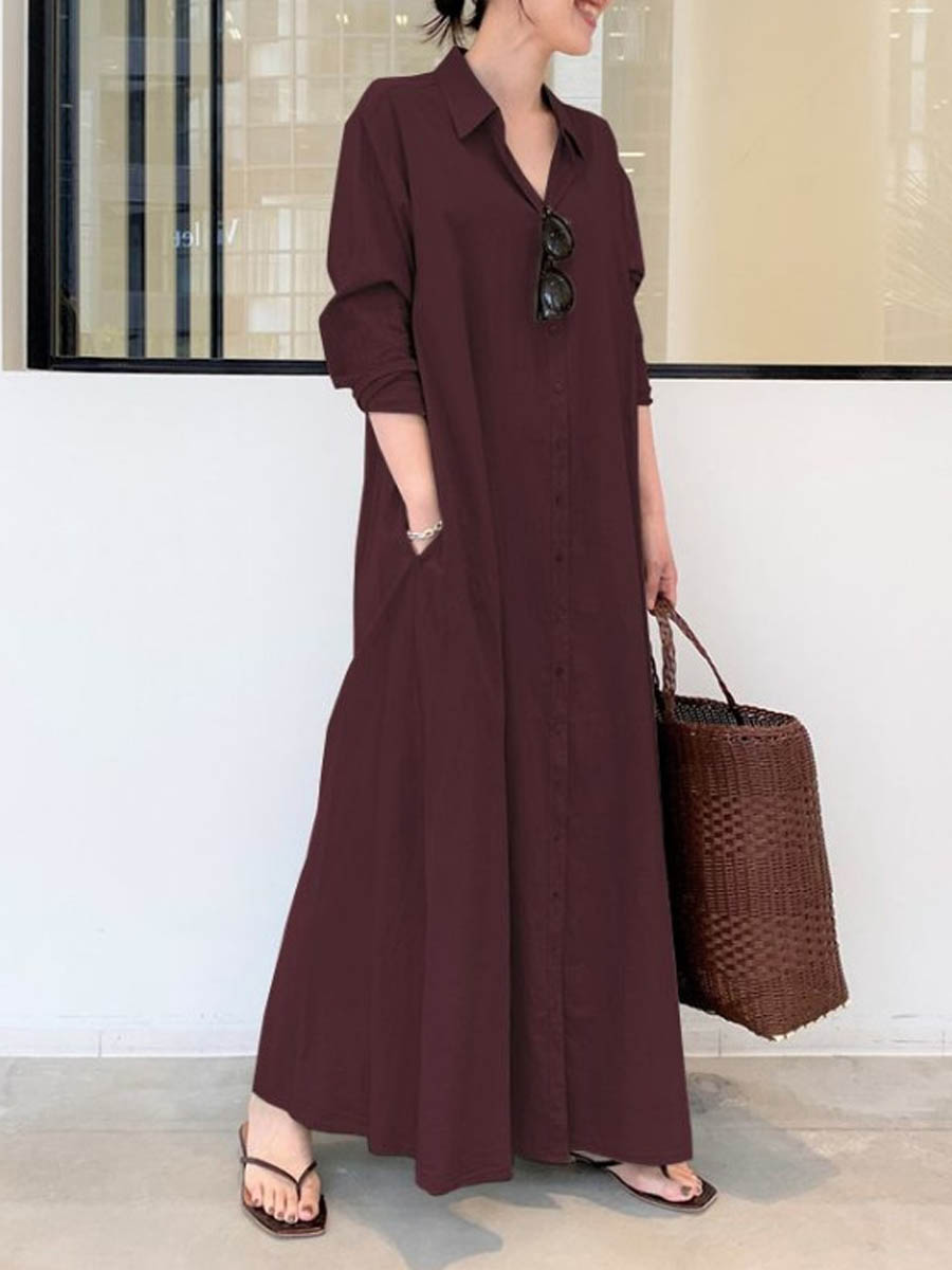 Solid Color Casual Loose Elegant V-Neck Cotton and Linen Pocket Shirt Dress