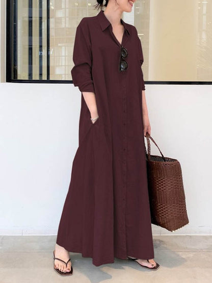 Solid Color Casual Loose Elegant V-Neck Cotton and Linen Pocket Shirt Dress