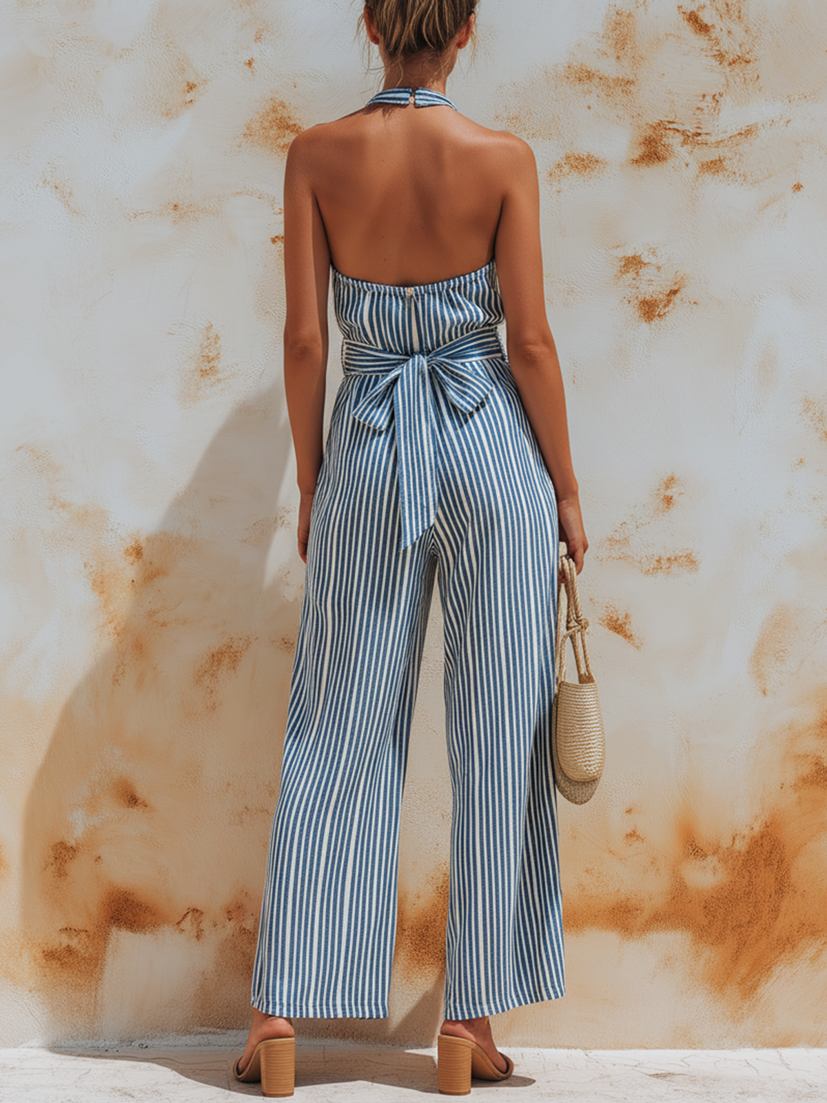 Blue and White Striped Denim Halter Neck Wide-Leg Jumpsuit