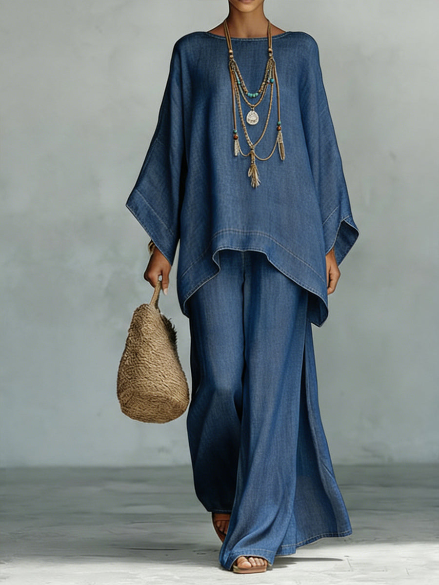 Cozy and Casual Tencel Denim Top and Wide-Leg Pants Two-Piece Set