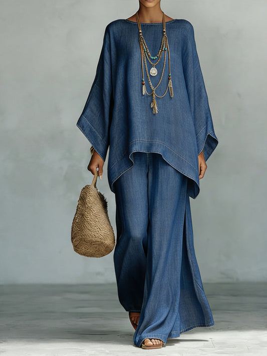 Cozy and Casual Tencel Denim Top and Wide-Leg Pants Two-Piece Set