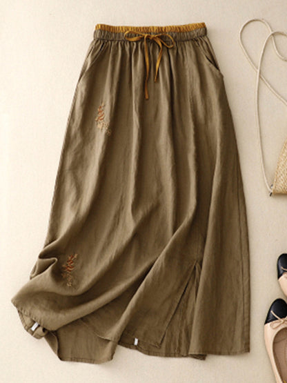 Artistic Embroidery Elastic Waist Colorblock A-Line Loose Linen Skirt