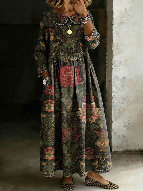 Vintage Ethnic Symmetrical Floral Print Lapel Collar Pleated Long-Sleeve Casual Loose Denim Dress