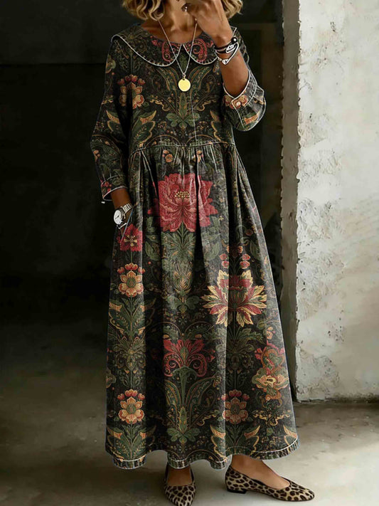 Vintage Ethnic Symmetrical Floral Print Lapel Collar Pleated Long-Sleeve Casual Loose Denim Dress