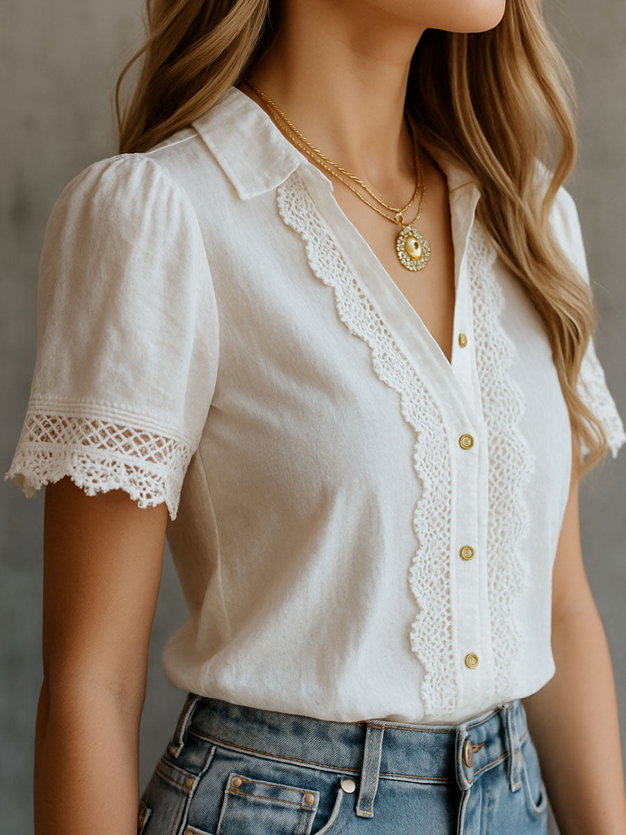 Vintage-Inspired Lace Trim White Blouse