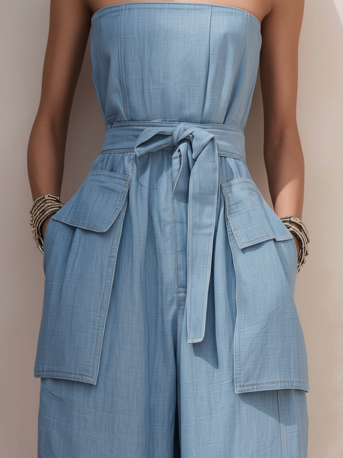 Light Blue Strapless Denim Wide-Leg Jumpsuit with Belted Waist