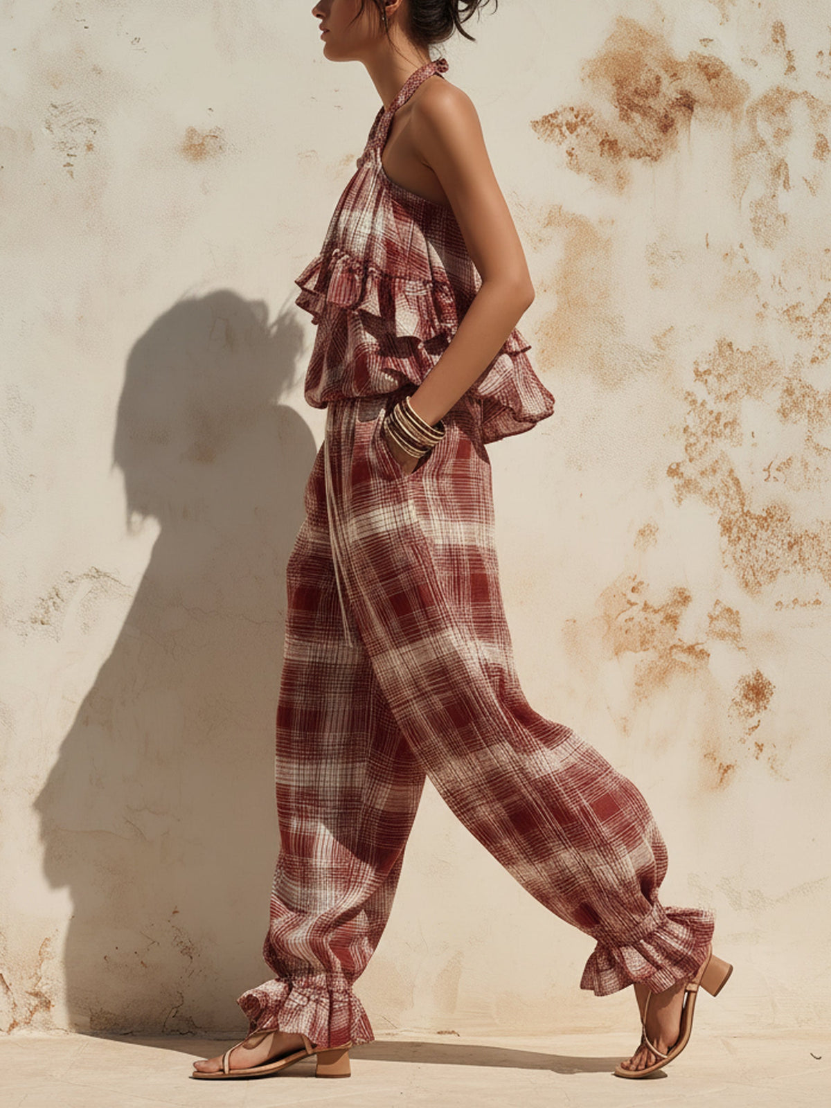 Red Plaid Ruffle-Hem Halter Jumpsuit with Effortless Summer Style