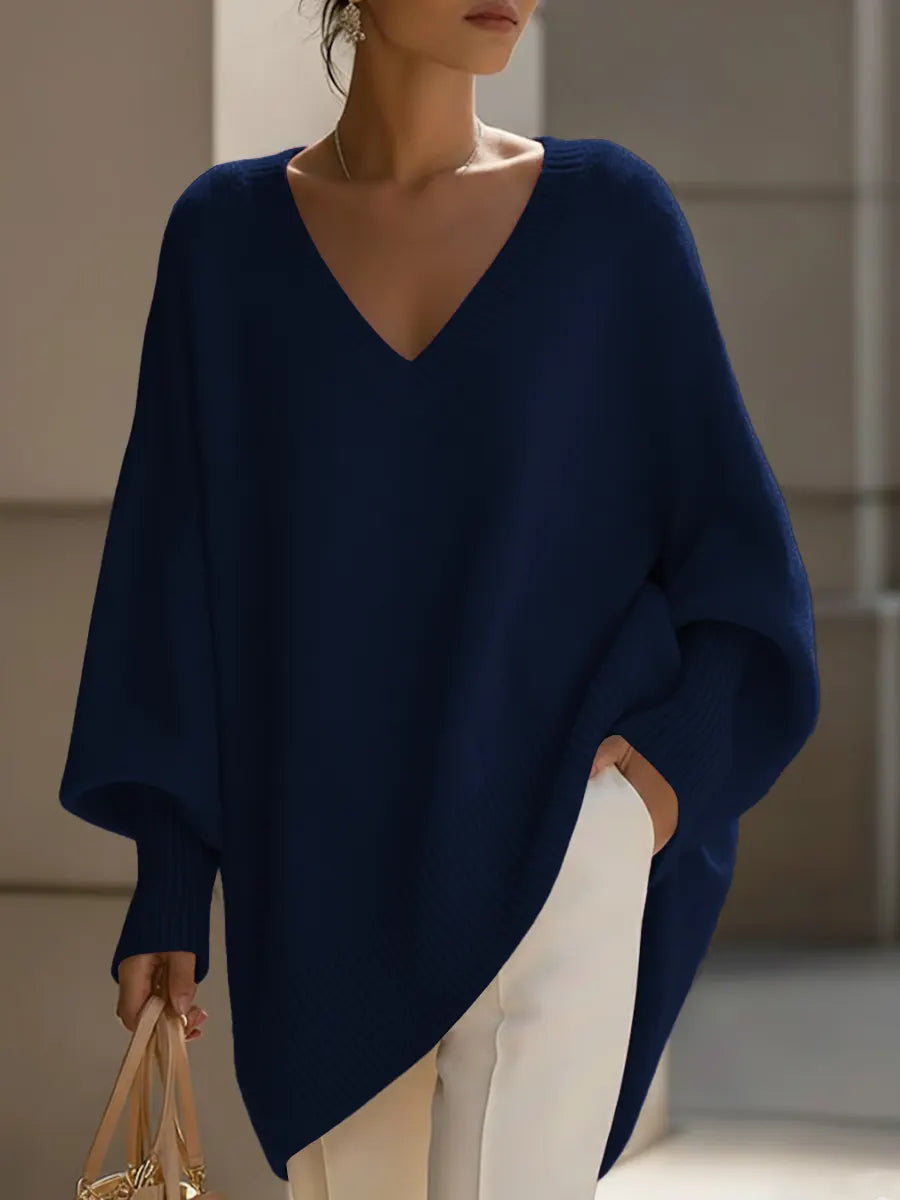 Solid Color V-Neck Long-Sleeved Casual Loose-Fitting Knitted Pullover Sweater