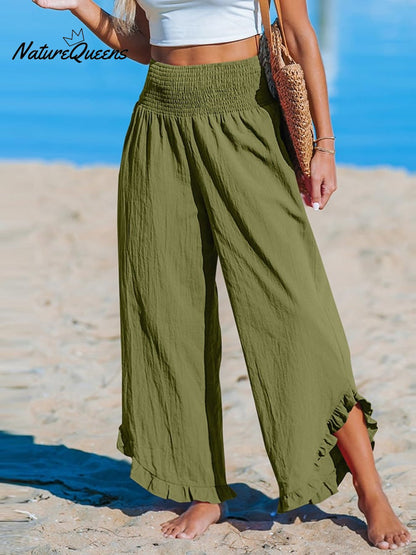 High-Waist Pleated Irregular Hem Cotton and Linen Loose Casual Pants