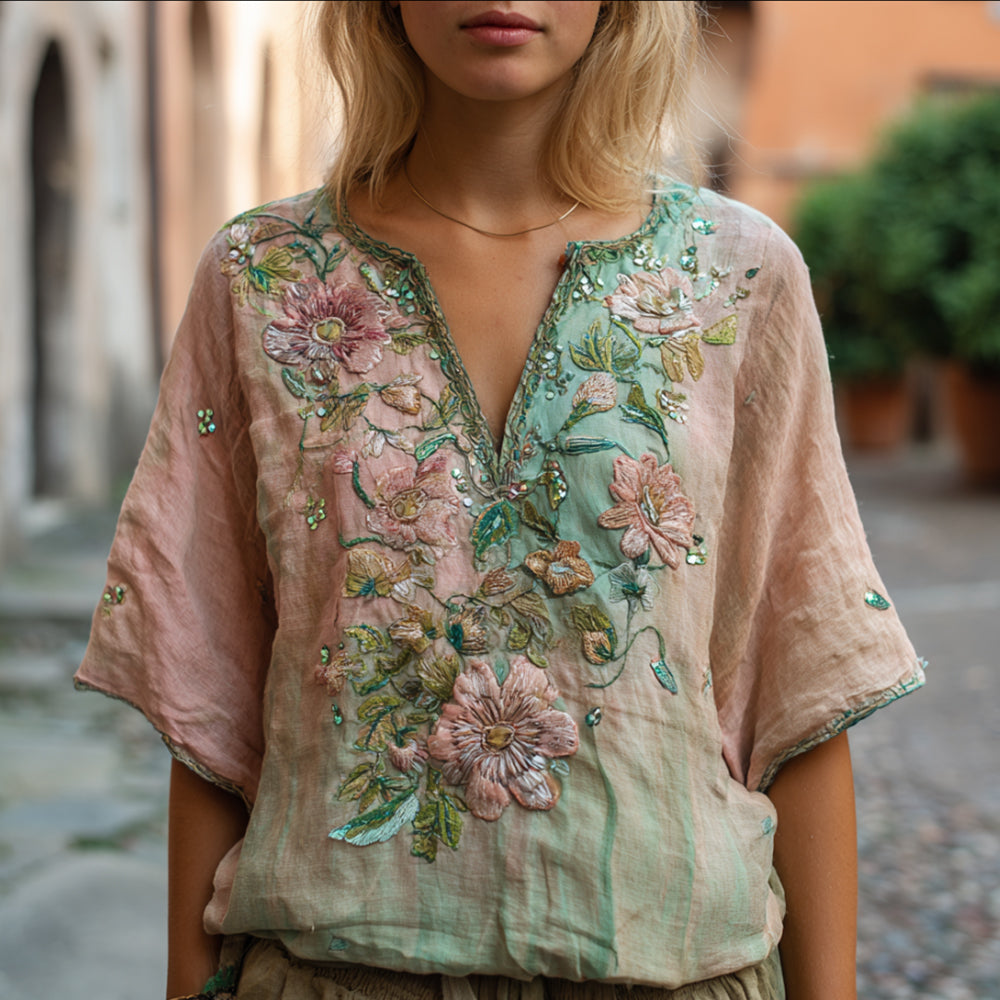Bohemian Style Pink Flower Sequin Embroidery Vintage Pink-Green V-Neck Short-Sleeve Shirt