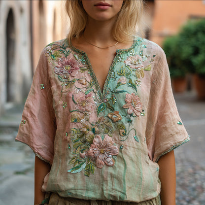 Bohemian Style Pink Flower Sequin Embroidery Vintage Pink-Green V-Neck Short-Sleeve Shirt