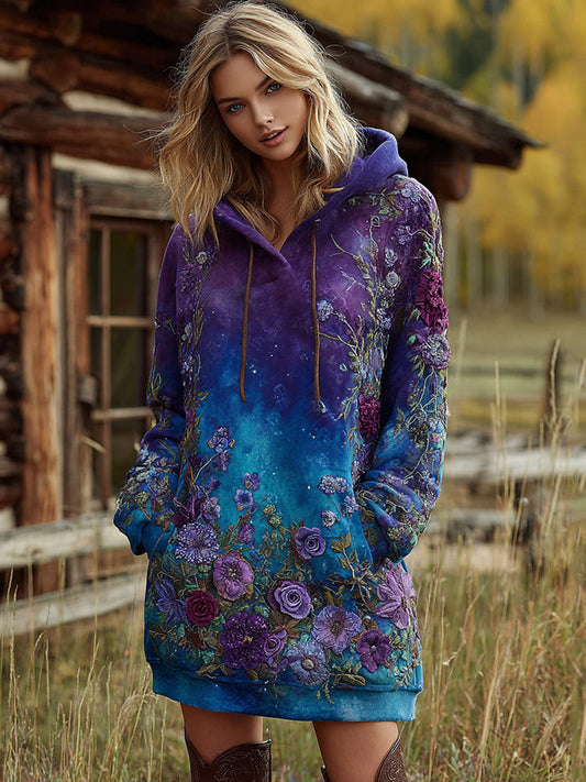 Vintage Purple and Blue Lavender Patchwork and Floral Embroidered Art Gradient Comfort Hooded Dress