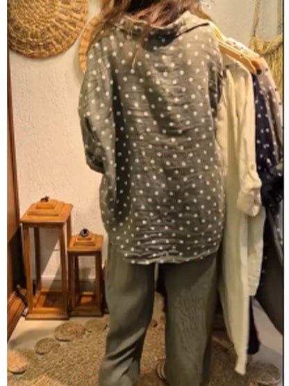 Casual Polka Dot Linen and Cotton Shirt and Trousers Two-Piece Set