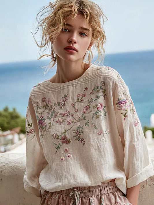 Vintage Floral Embroidery Linen Crew Neck Long-Sleeve T-Shirt