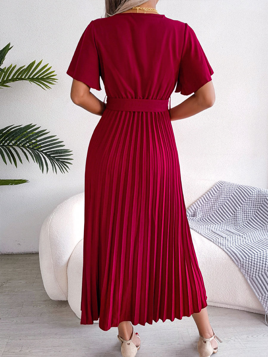 Casual Cross V-Neck Ruffled Pleated Dress