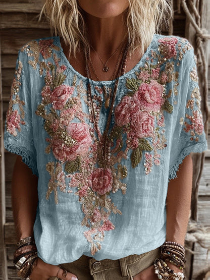 Pink Rose Embroidery Art Round Neck Short-Sleeve Linen Blend T-Shirt