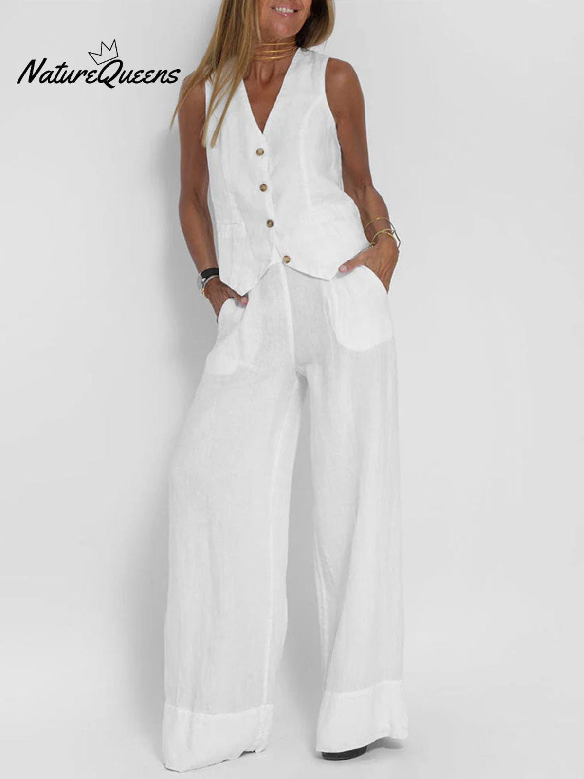 Fashion Solid Color Vest Trousers Collage Stitching Cotton and Linen Casual Suit