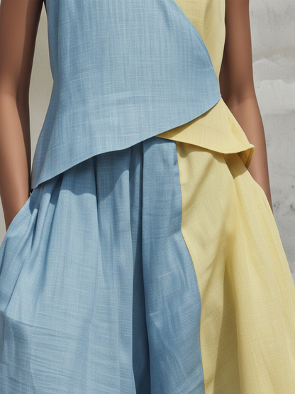 Light Blue and Yellow Colorblock Linen Two Piece Set