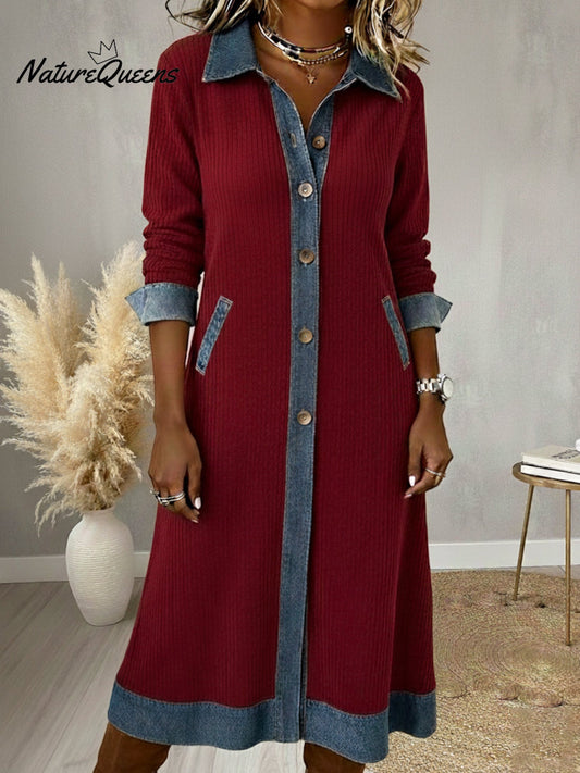 Casual Denim Patchwork Corduroy A-Line Midi Dress