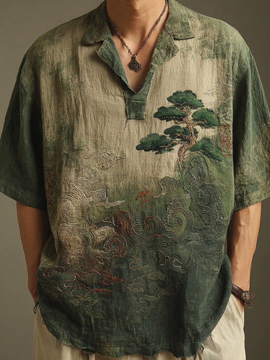Men's Retro Landscape Embroidery Casual Lapel Short-Sleeve Shirt