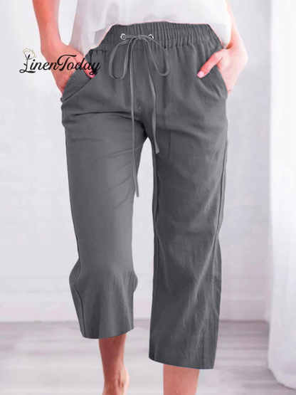 Casual Summer Linen Pants High-Waisted Loose Yoga Sweatpants Crop Pants with Pockets