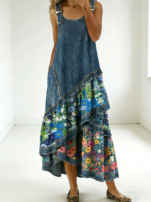 Fashion Floral Denim Design Sleeveless Multi-Layered Ruffled Strap Dress