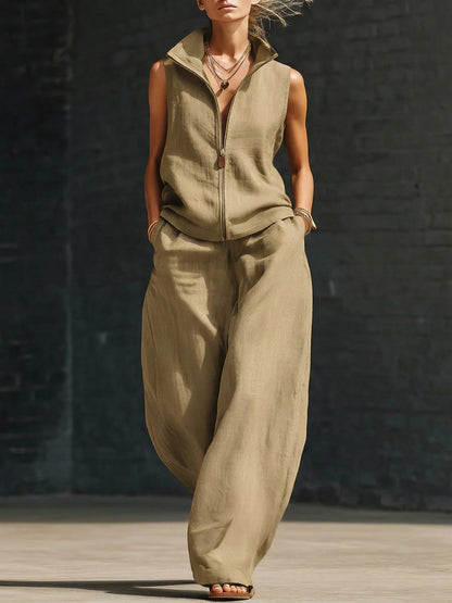 Stylish Stand-Up Collar Zipper Linen Cotton Two-Piece Set