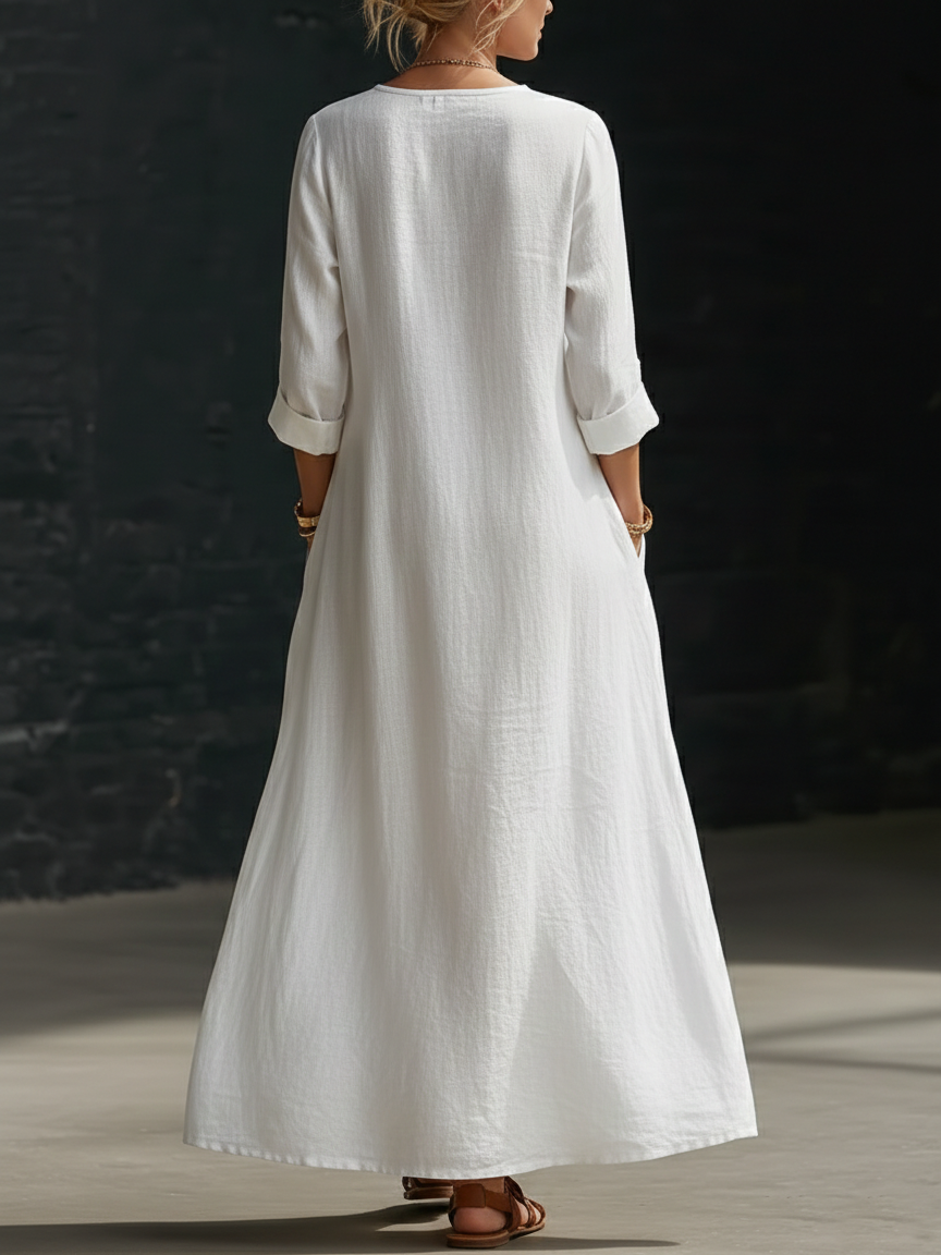 Minimalist Button-Up V-Neck Linen Dress