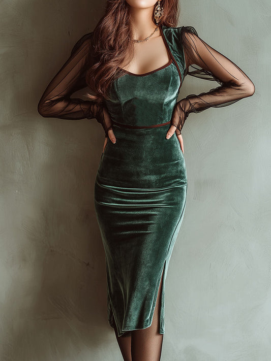 Emerald Velvet Sheer Mesh Sleeves Bodycon Midi Dress with Side Slit