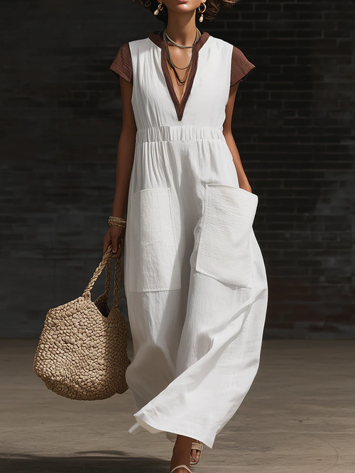 Casual V-Neck Color-Blocked Dress with Large Patch Pockets