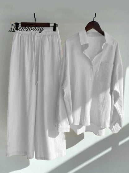 Solid Color Loose Elegant High Waist Casual Cotton and Linen Suit