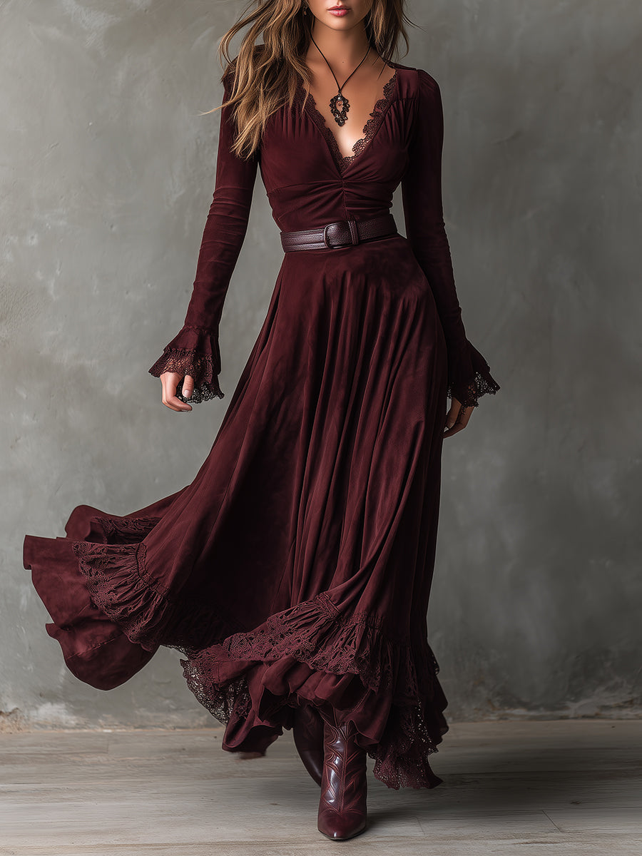 Quiet Luxury Suede Lace Ruffled Hem Maxi Dress