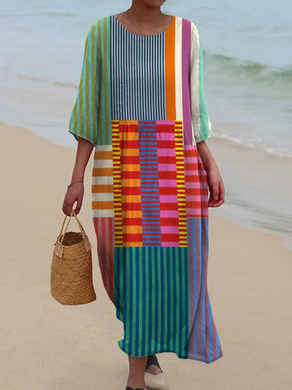Vintage Geometric Pattern Art Print Cotton Dress