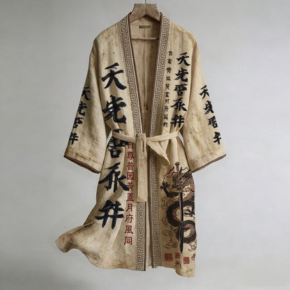 Retro Japanese Dragon Sword and Calligraphy Art Pattern Linen Blend Kimono
