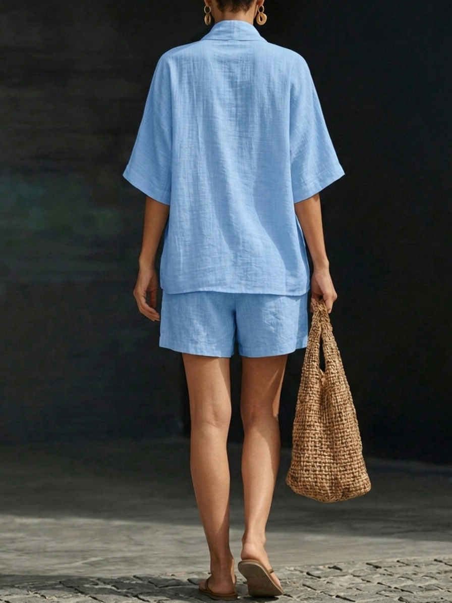 Minimalist Cozy V-Neck Shirt and Shorts Linen Cotton Two-Piece Set
